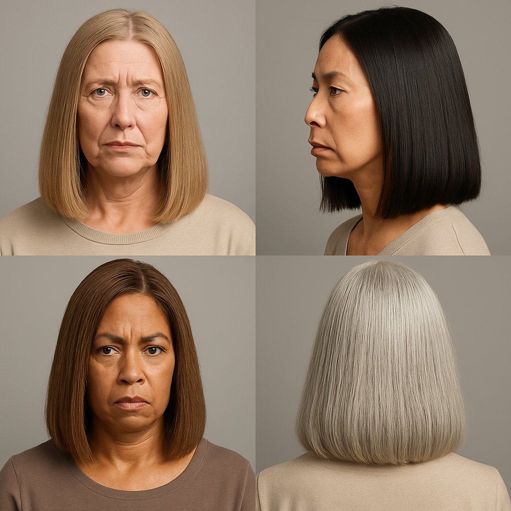 A group of women over 45 with shoulder-length hair posing in a studio setting.