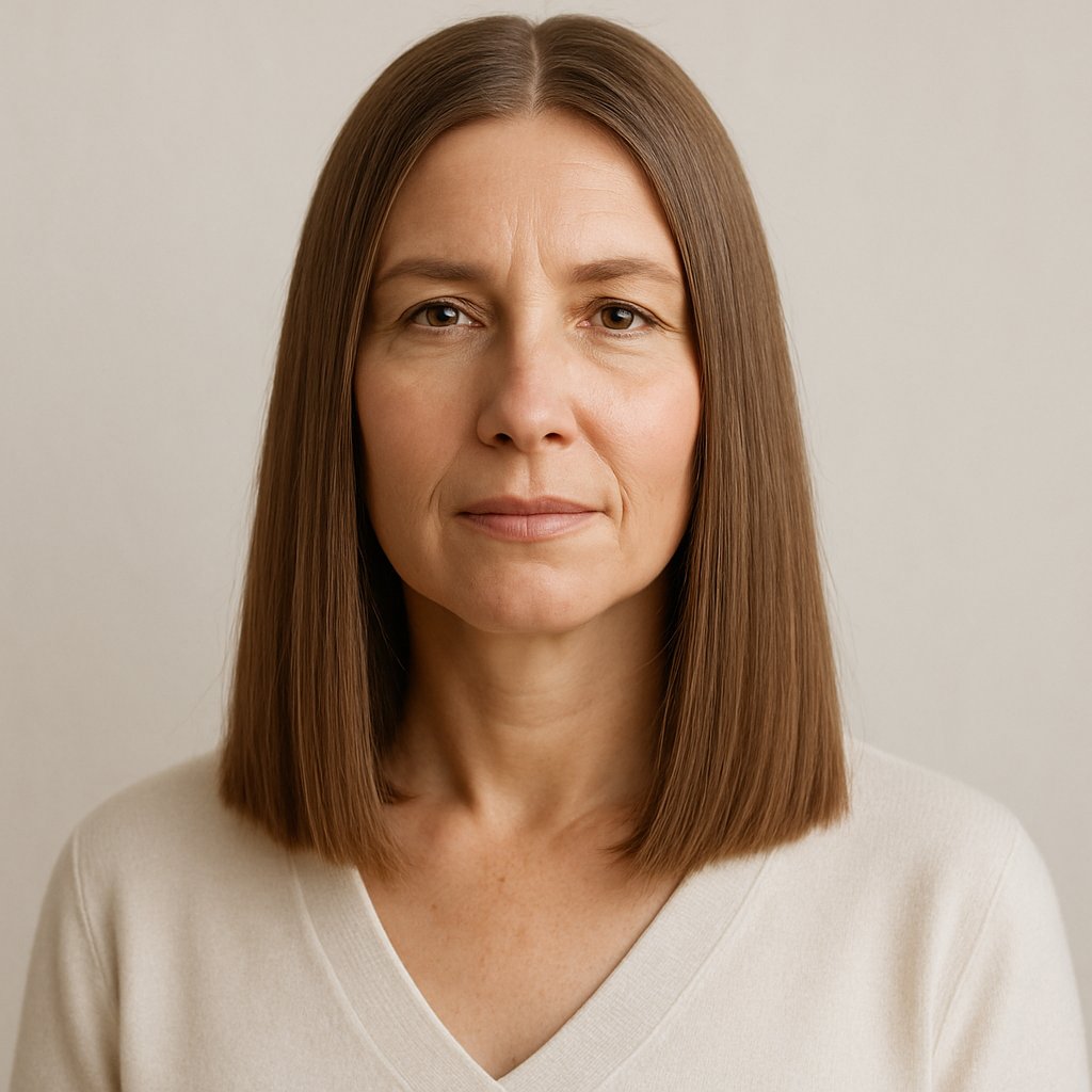 Portrait of a mature woman with shoulder-length, center-parted hair against a plain background.