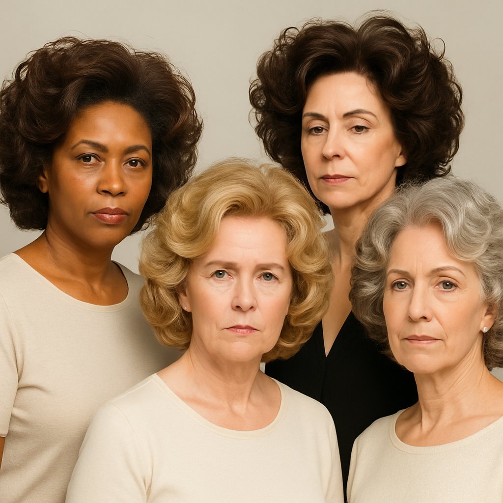 A group of women over 45 with shoulder-length curly hairstyles posed in a studio setting.