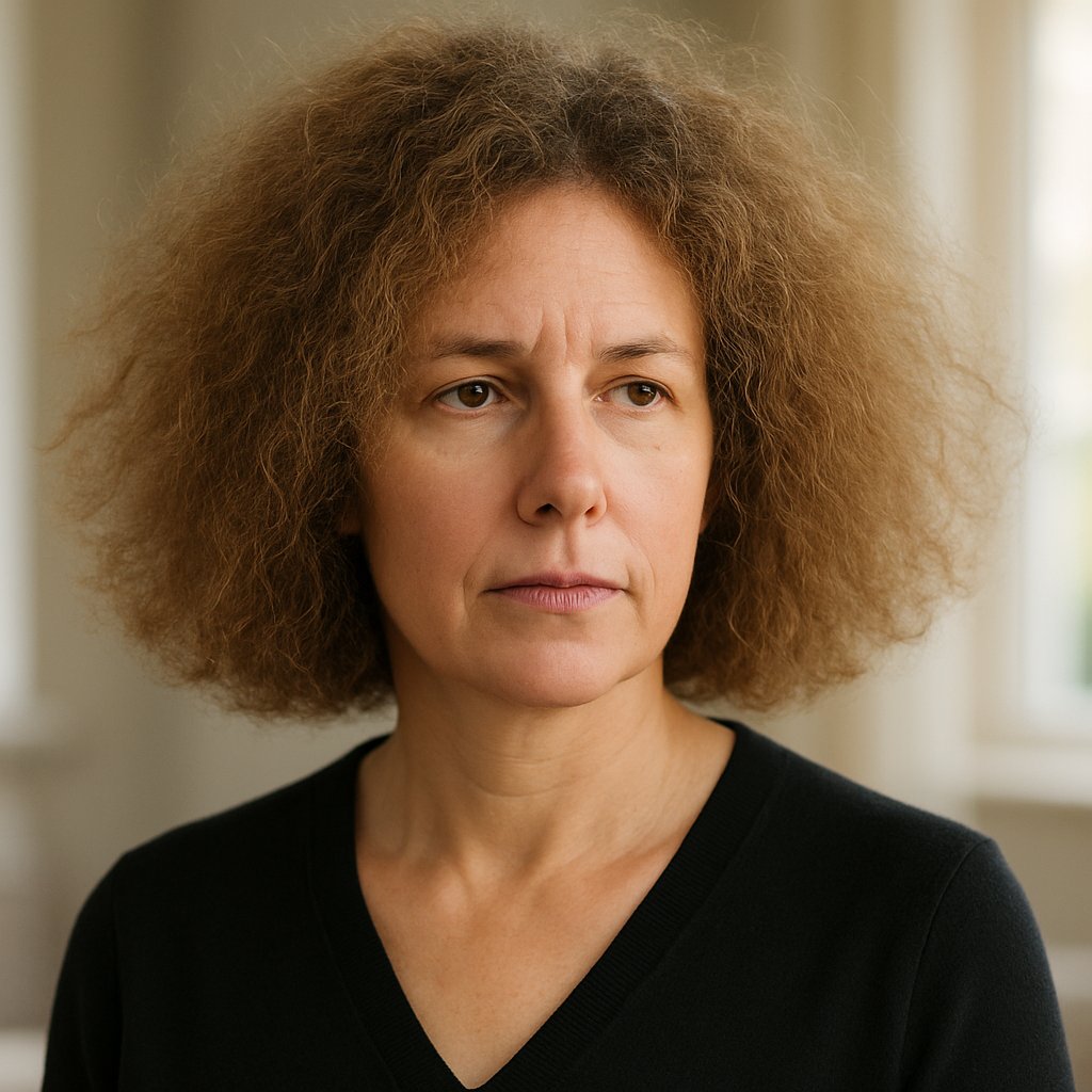 A woman in her mid-40s with shoulder-length hair standing indoors, looking neutral.