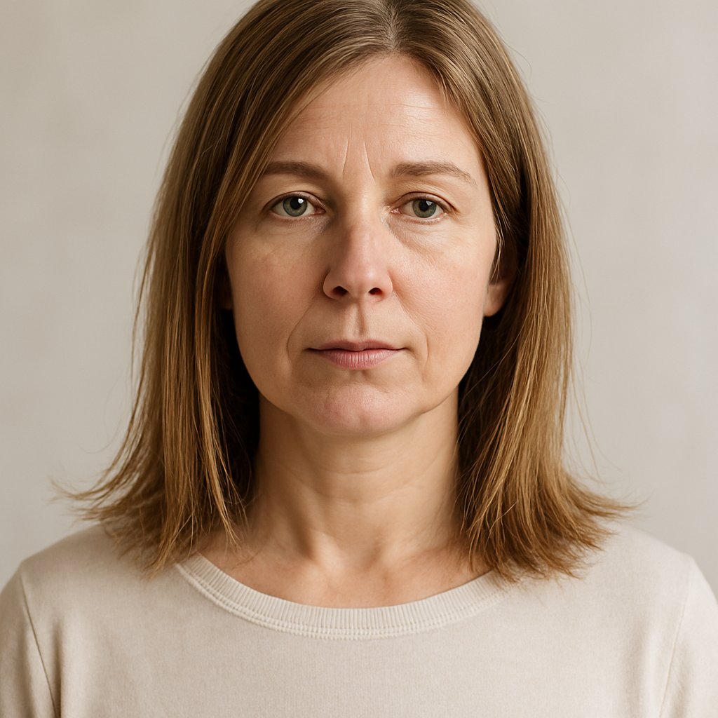 A middle-aged woman with shoulder-length hair standing against a neutral background.