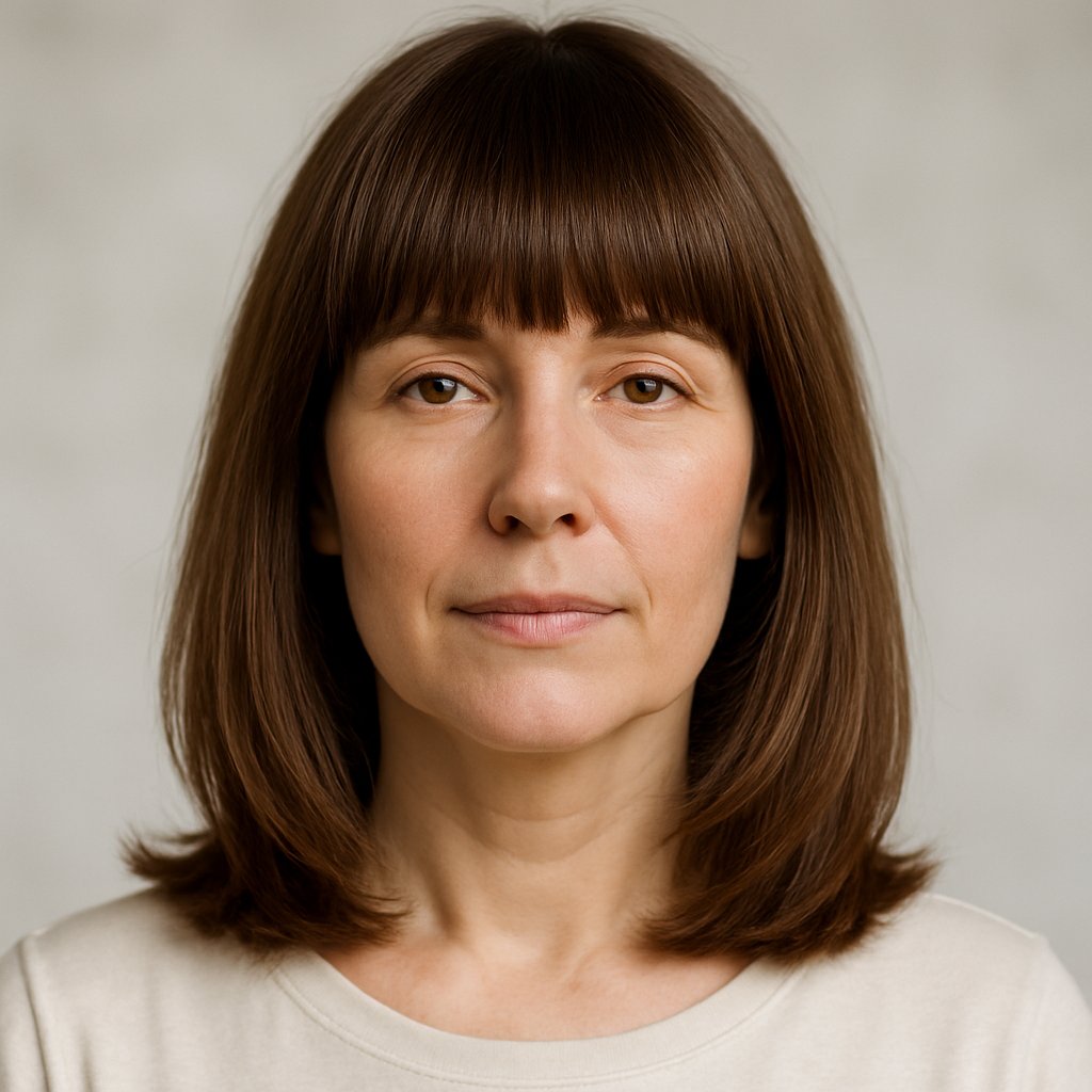 Portrait of a middle-aged woman with shoulder-length hair and heavy bangs, looking straight ahead against a neutral background.