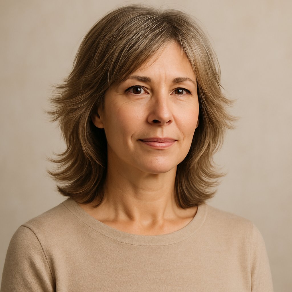 A mature woman with shoulder-length layered hair standing against a plain background.