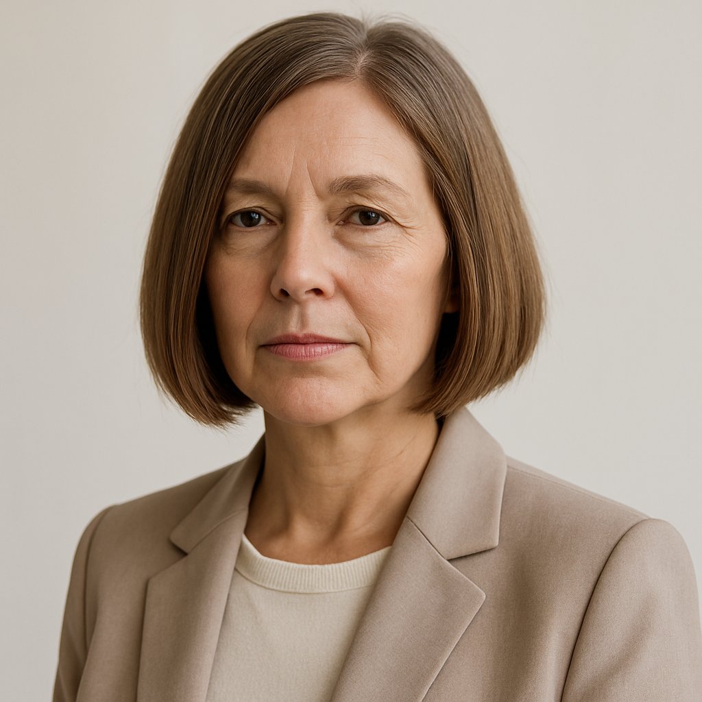 Portrait of a mature woman with shoulder-length hair looking at the camera against a plain background.