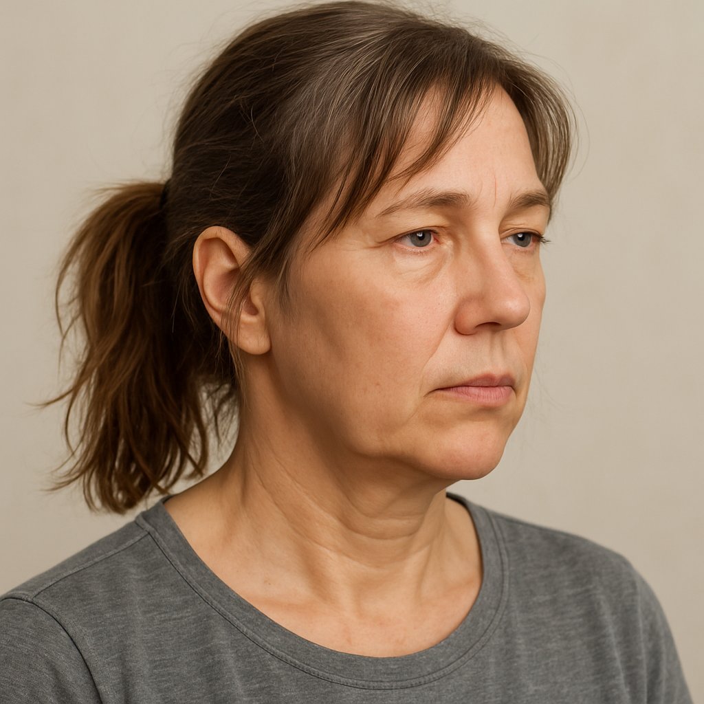 A woman over 45 with shoulder-length hair styled in an uneven ponytail against a plain background.