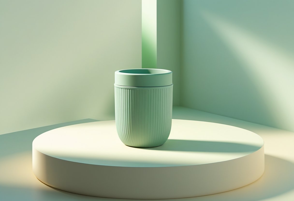 Silicone cup holder placed on a cream surface with a soft green background.