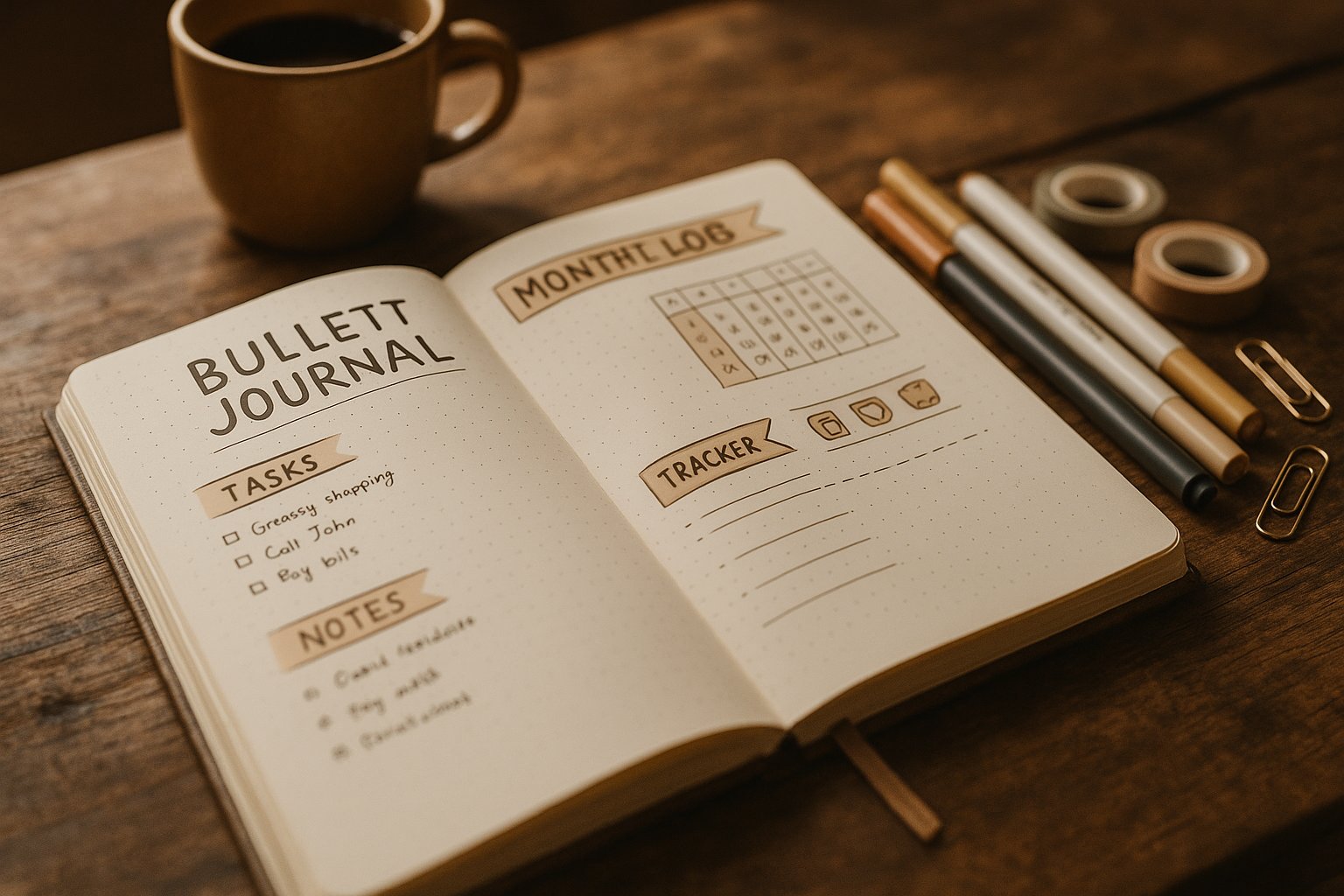 An open bullet journal on a wooden desk with colorful handwritten entries and stationery items around it.