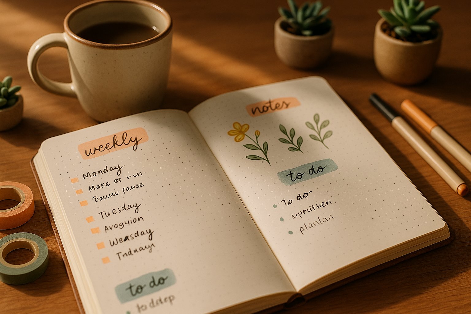 An open bullet journal on a wooden desk surrounded by pens, markers, sticky notes, a cup of coffee, and a smartphone.
