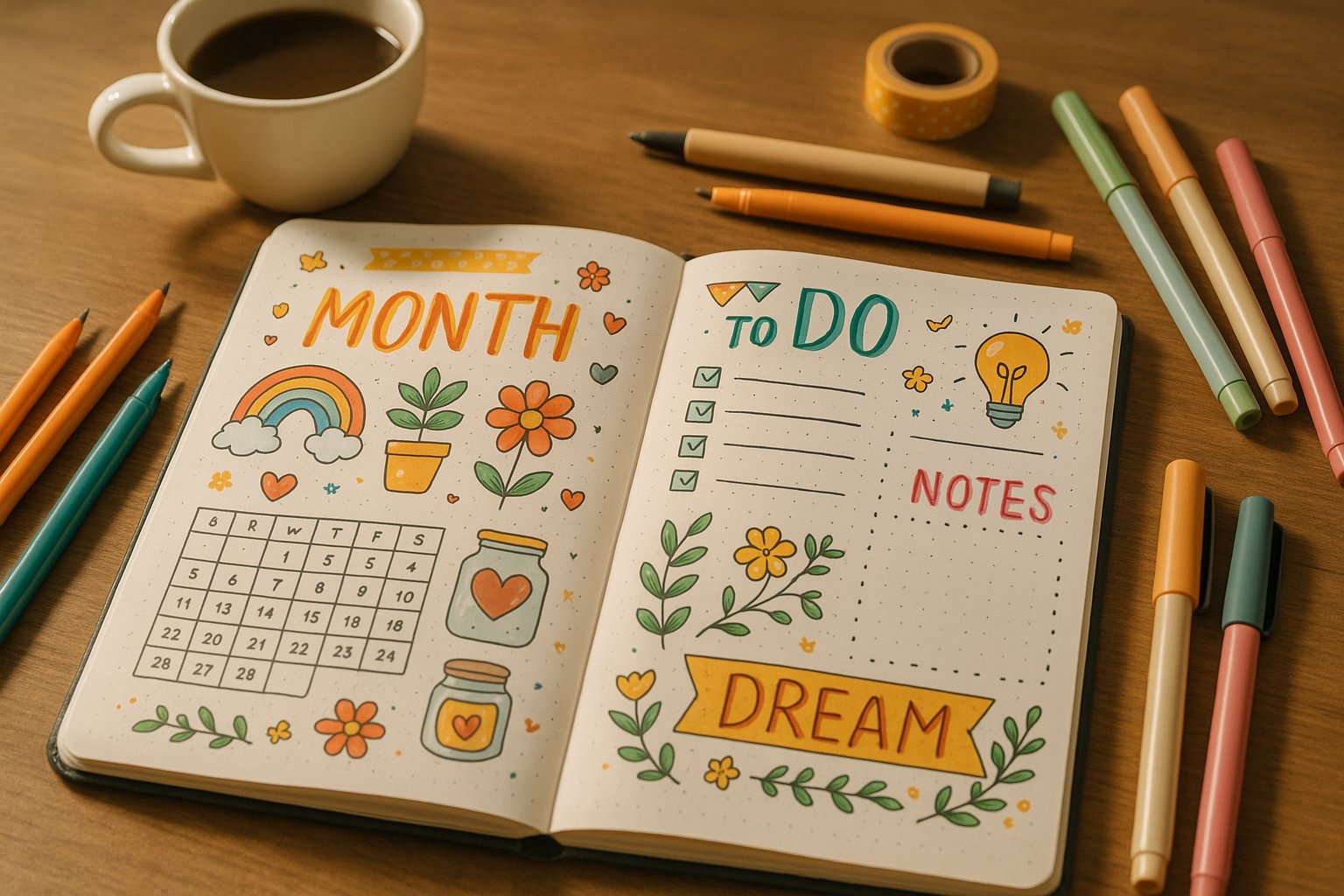 An open bullet journal on a wooden desk surrounded by colorful pens, a cup of coffee, glasses, and a small plant.