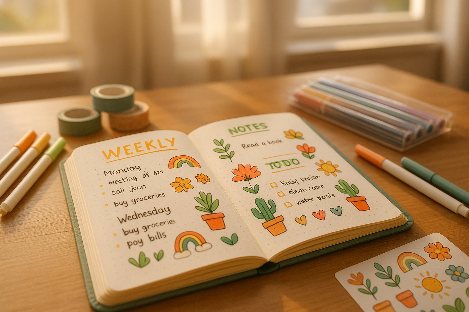 An open bullet journal on a wooden desk surrounded by stationery and a cup of coffee.
