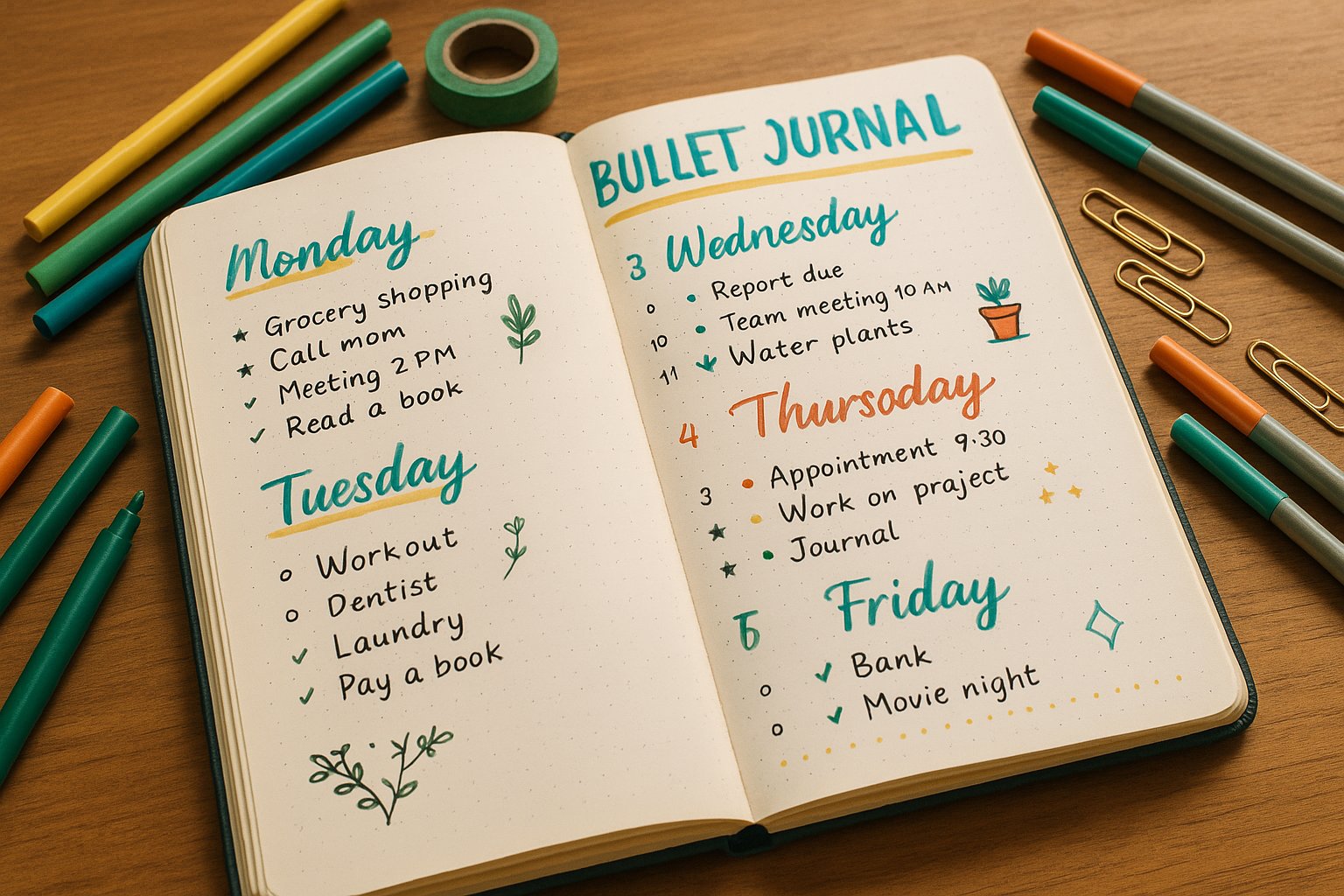 An open bullet journal with colorful layouts and stationery on a wooden desk.