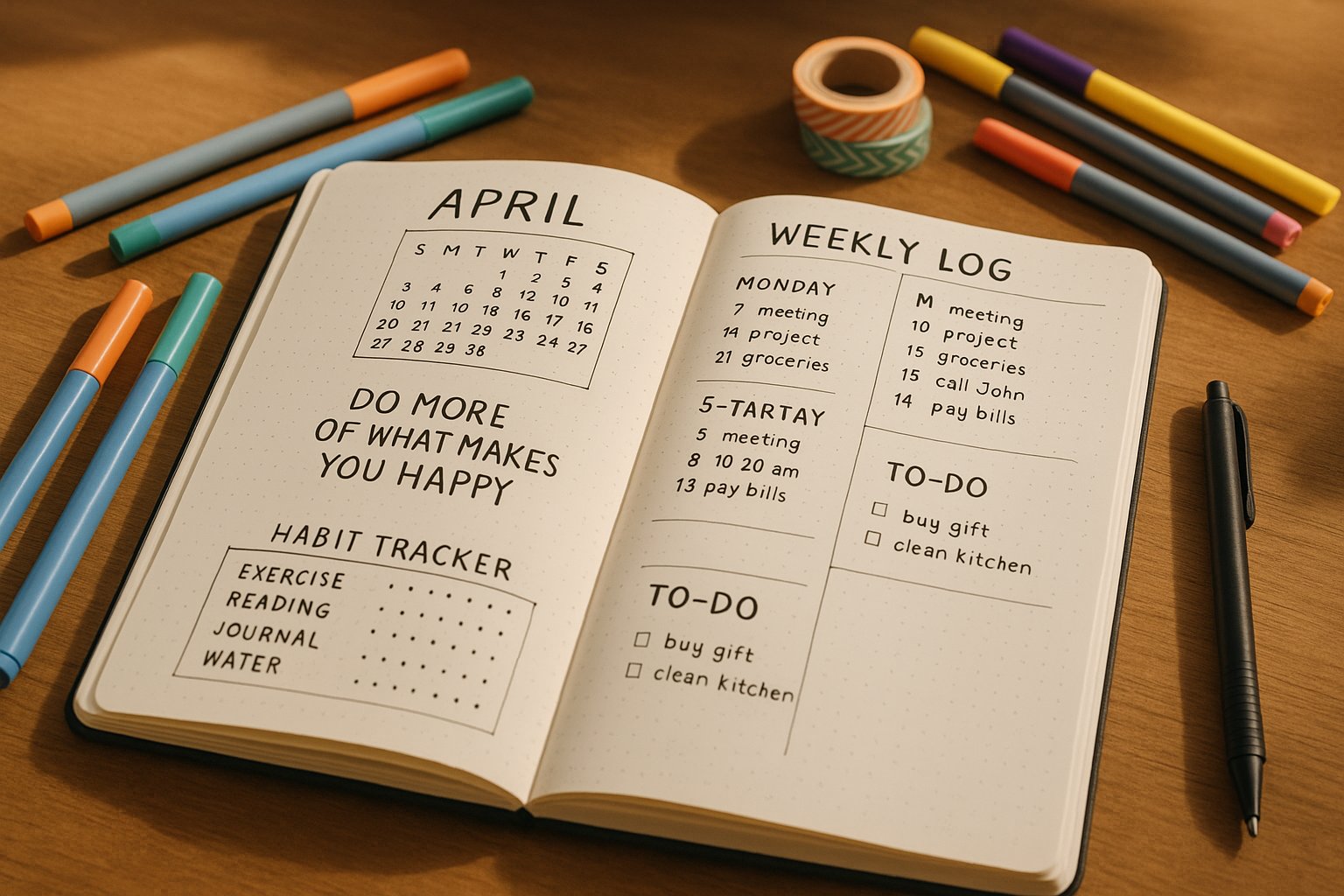 A bullet journal open on a wooden desk with colorful trackers, lists, and drawings, surrounded by pens, markers, washi tapes, a coffee cup, glasses, and a smartphone.