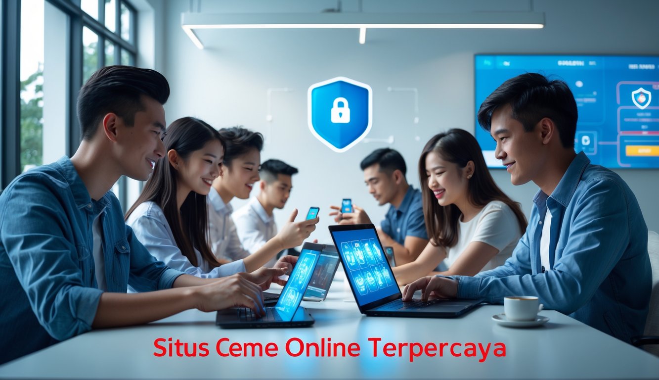 Sekelompok orang muda bermain permainan kartu online di ruangan terang dengan perangkat digital.