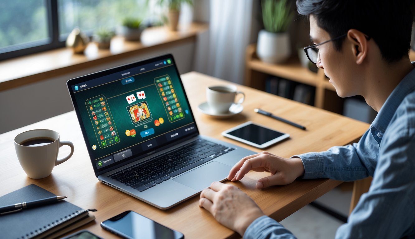 Seseorang sedang bermain permainan kartu Ceme online menggunakan laptop di meja kerja di dalam ruangan.