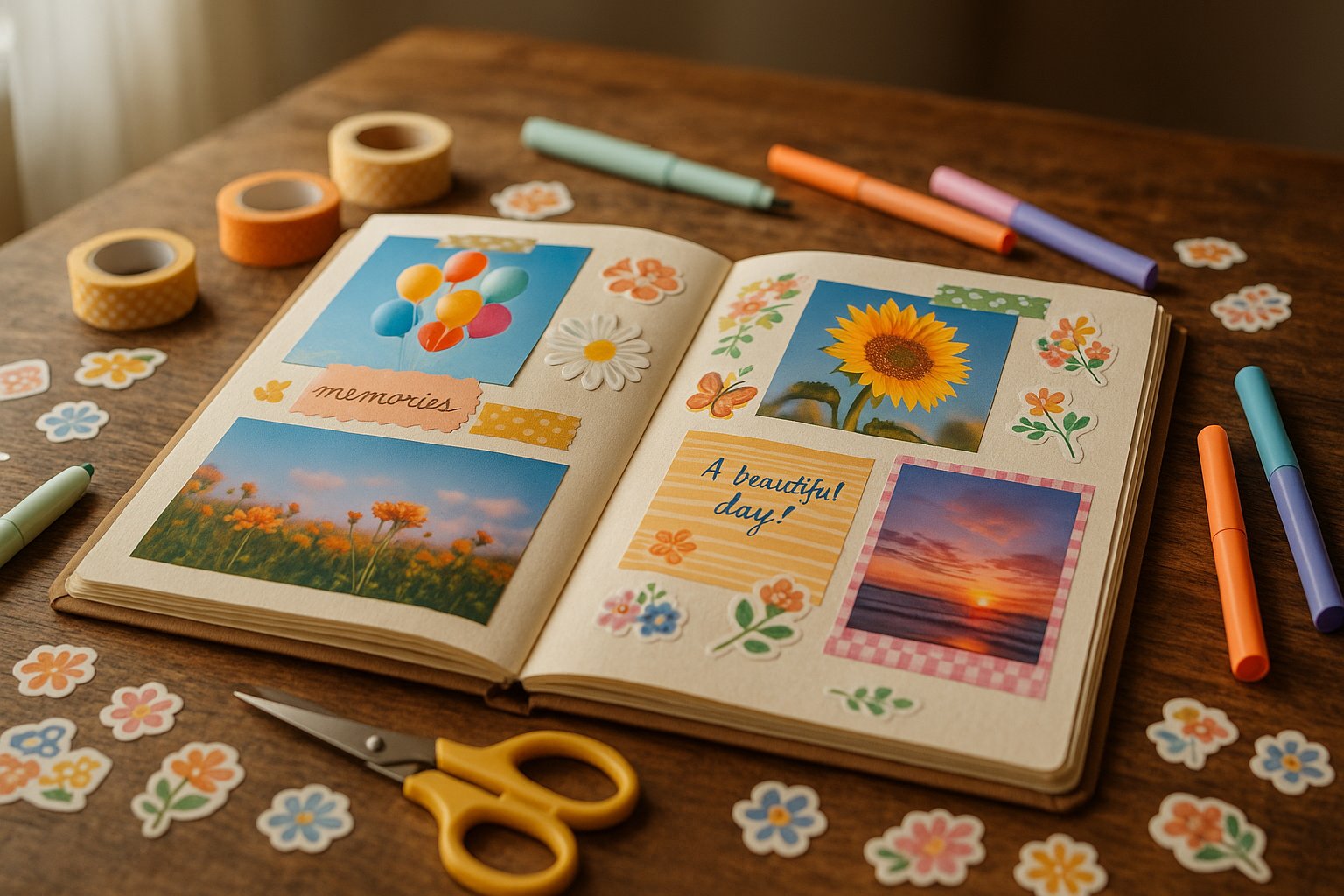 An open scrapbook on a wooden table surrounded by scrapbooking supplies like scissors, glue, markers, and decorative materials.