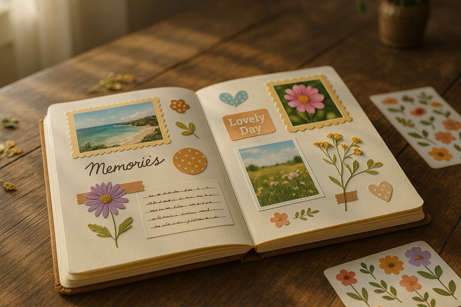 An open small scrapbook on a wooden table surrounded by scrapbooking tools and colorful decorations.