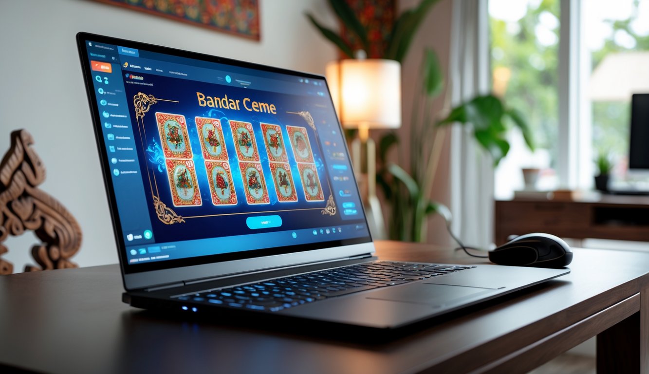 Sebuah meja dengan komputer menampilkan permainan kartu Bandar Ceme online di ruangan yang rapi dan terang.