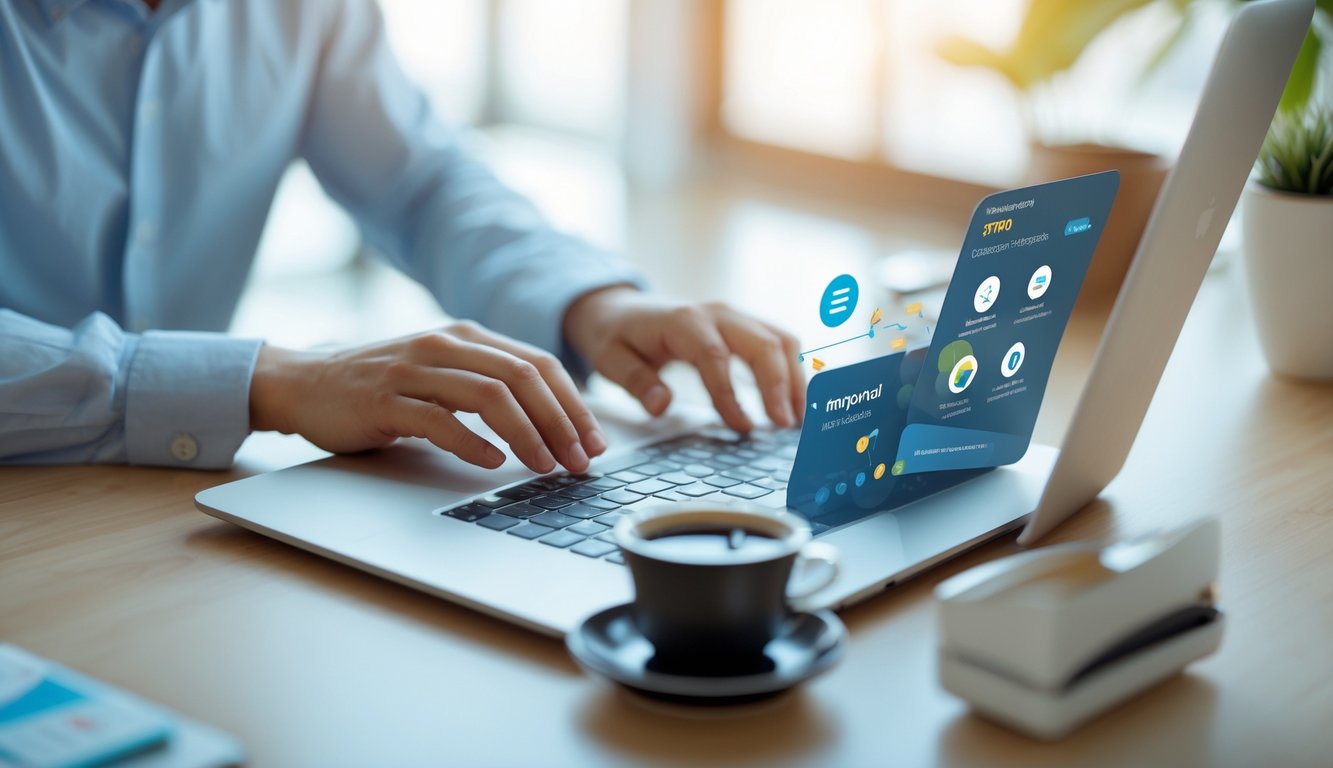 Seseorang menggunakan laptop atau ponsel di meja kerja untuk melakukan transaksi deposit online dengan suasana kantor yang terang dan rapi.