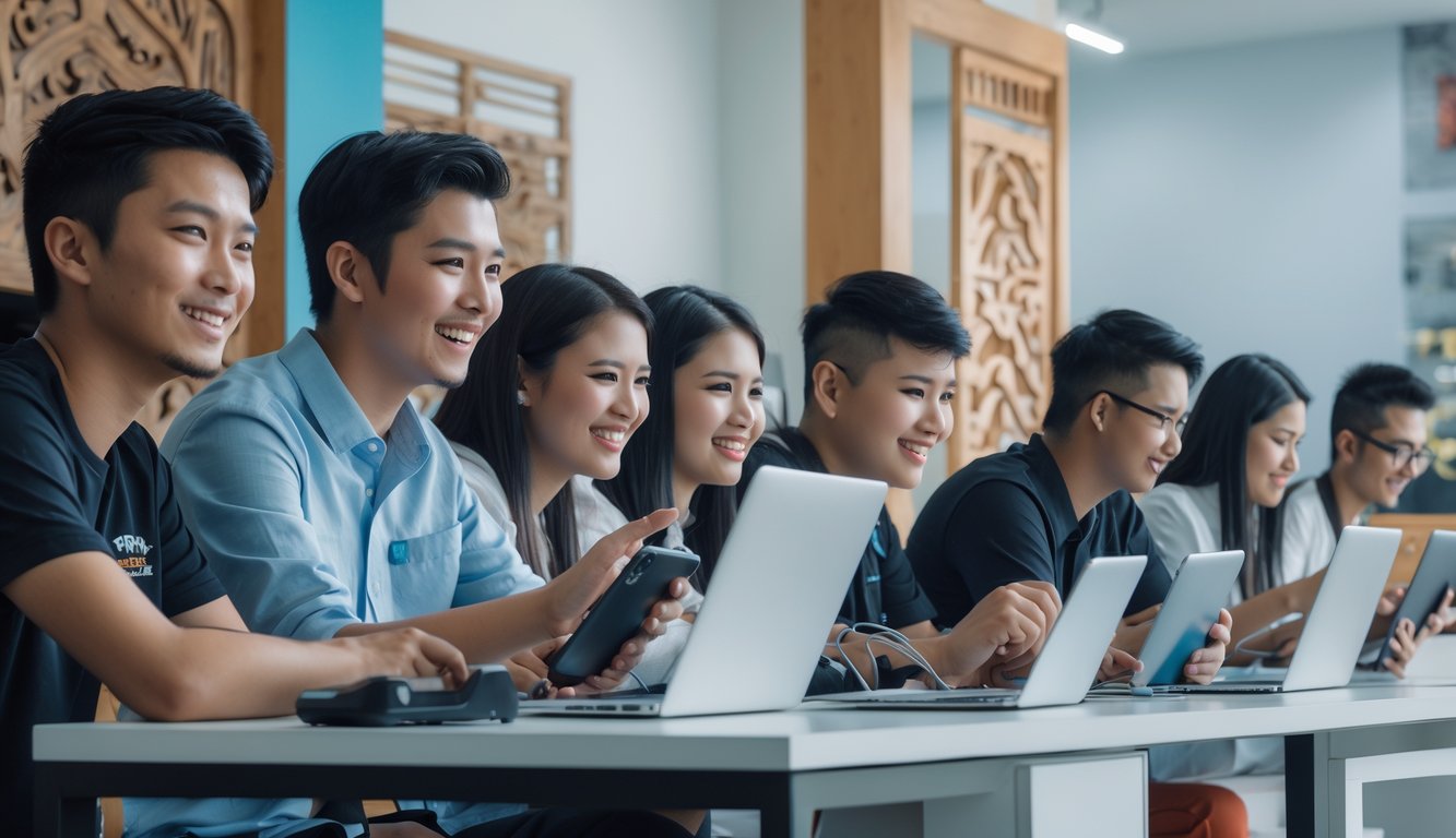 Beberapa orang muda menggunakan perangkat digital di ruangan modern dengan elemen budaya Indonesia.