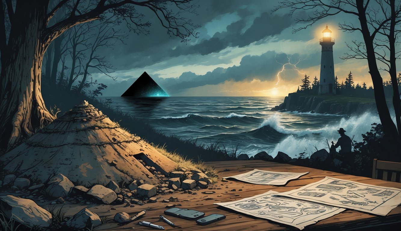 A scene showing a Native American burial mound, archeologists, a glowing light over the Great Lakes, an old lighthouse on rocky shores, and cryptic symbols on trees representing historical mysteries in Michigan.