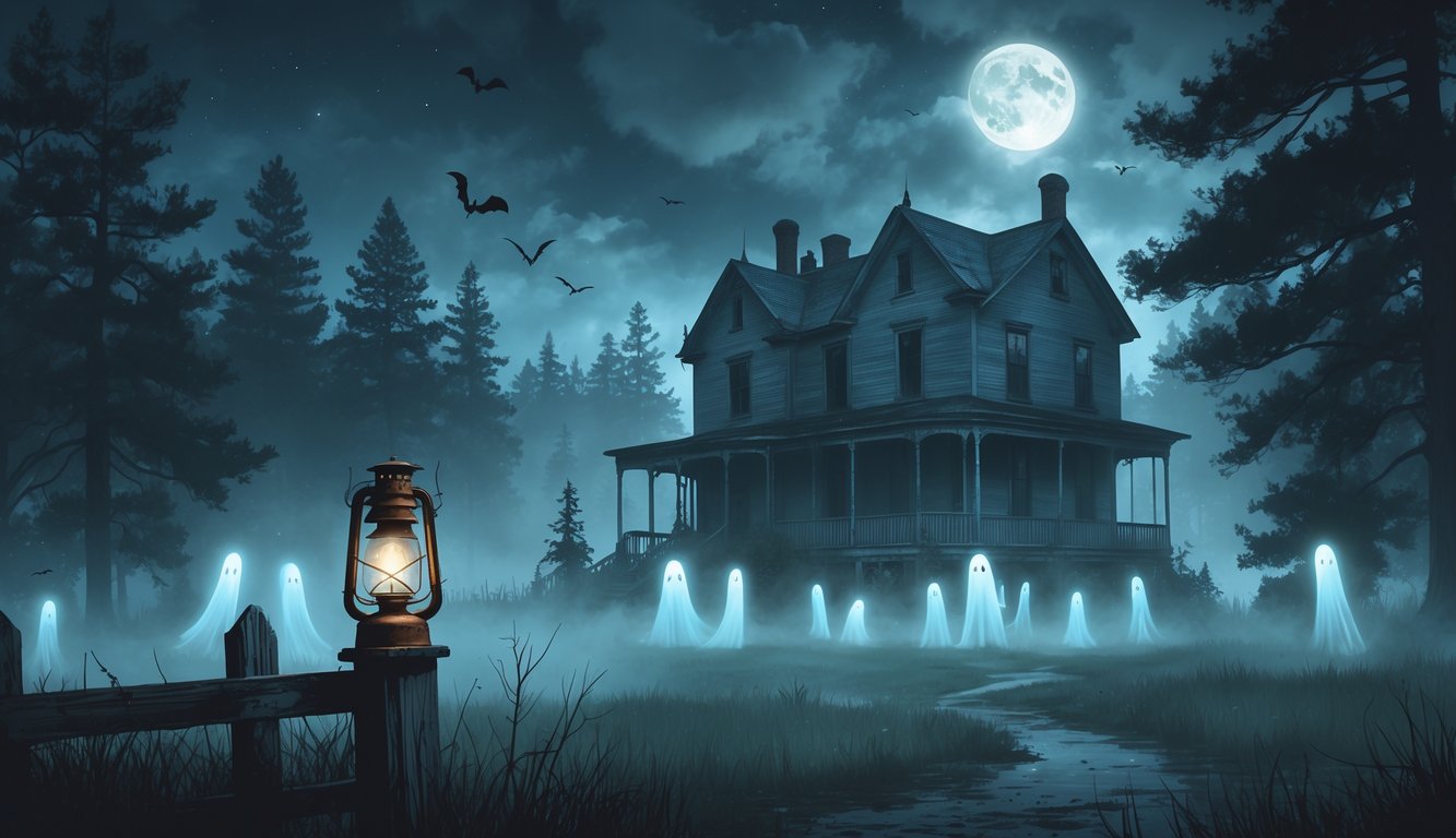 A misty nighttime scene with an old abandoned house surrounded by pine trees and faint ghostly figures glowing near the house under a full moon.