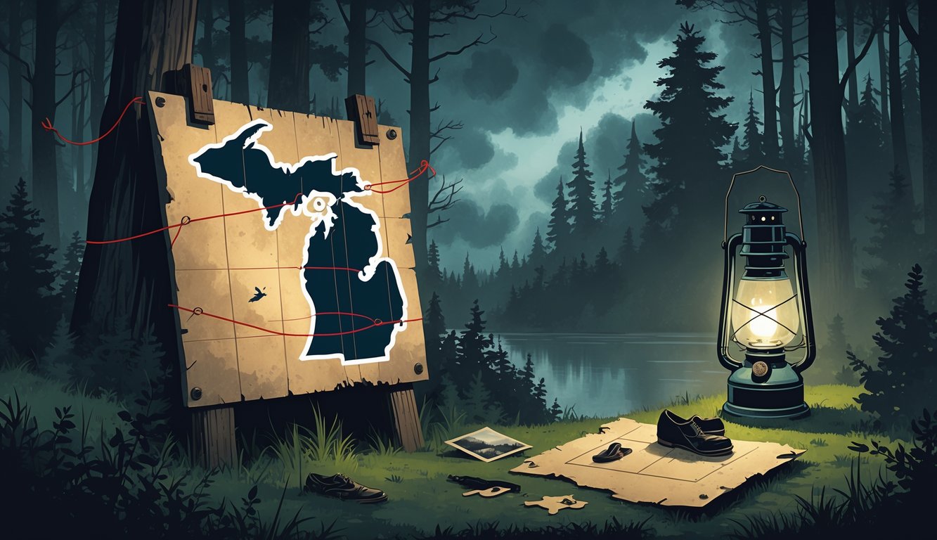 A misty forest scene in Michigan with a wooden board displaying a map connected by red string, surrounded by clues like a torn photograph, shoe, and footprints leading into the woods under a cloudy sky.