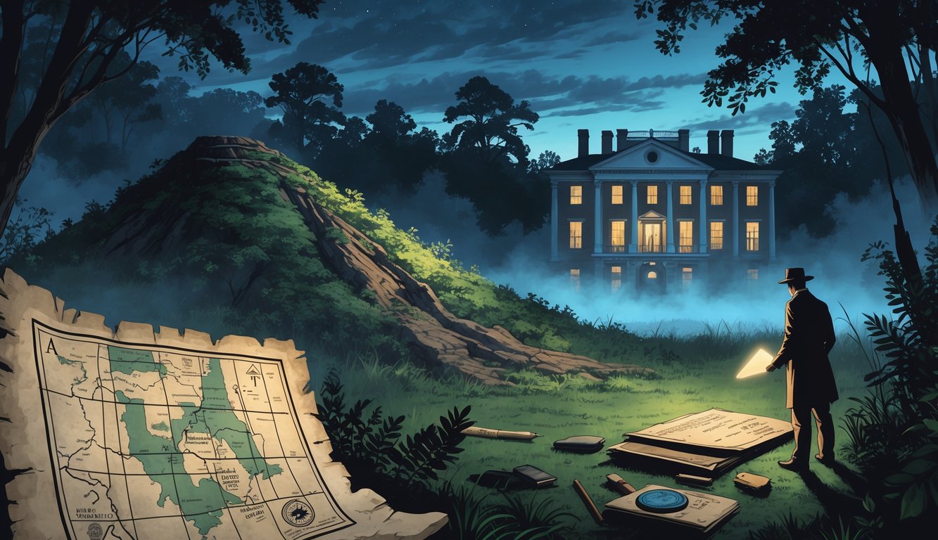 A mysterious scene showing an ancient Native American mound in a forest, an old map of Alabama, a person examining a carved stone artifact, and a historic mansion surrounded by mist.