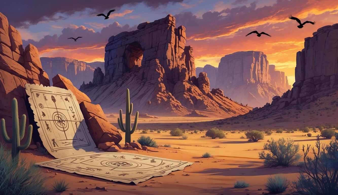 A desert landscape at sunset with rocky mountains, ancient petroglyphs on stones, a partially buried old map, and distant vultures circling overhead.