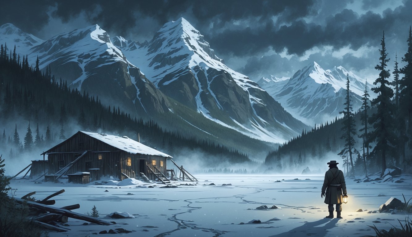 An Alaskan wilderness scene with snow-covered mountains, an abandoned gold mining camp, a foggy frozen lake with footprints, a lone explorer holding a lantern, and hidden indigenous artifacts.