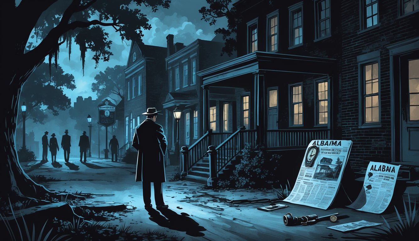 A nighttime scene of an old Southern town in Alabama with a detective examining a mysterious crime scene surrounded by vintage buildings and hanging Spanish moss.