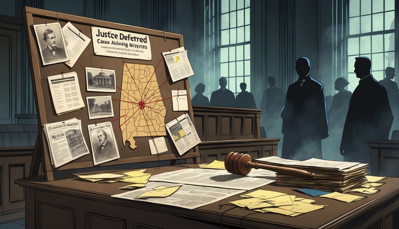A dimly lit vintage courthouse room with an evidence board covered in photos, maps, and documents connected by red strings, alongside a judge's gavel and case files on a desk.
