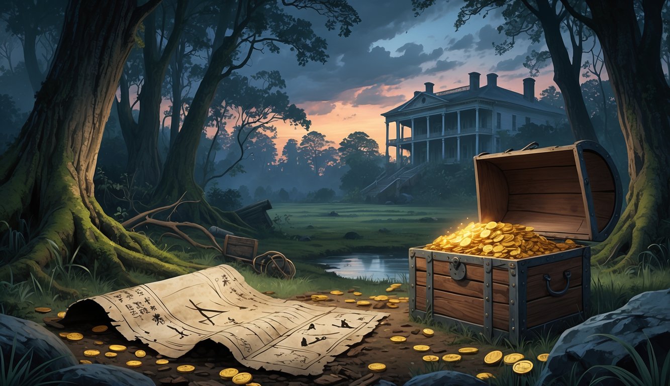 A mysterious forest scene in Alabama with an open treasure chest showing gold coins, an old map on a rock, and an abandoned plantation mansion in the background.