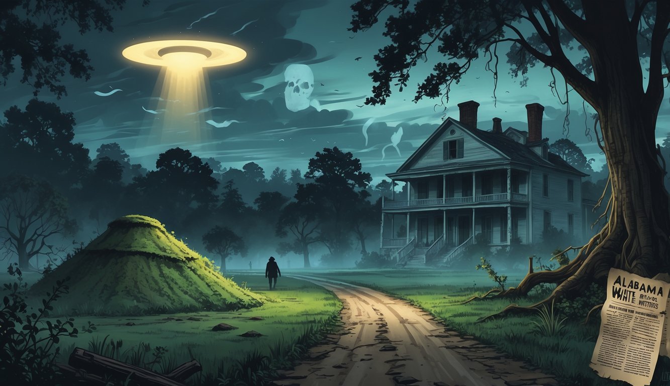 A mysterious nighttime forest scene in Alabama featuring a glowing light, an ancient mound, a shadowy figure near a rural road, and an old abandoned house surrounded by mist.