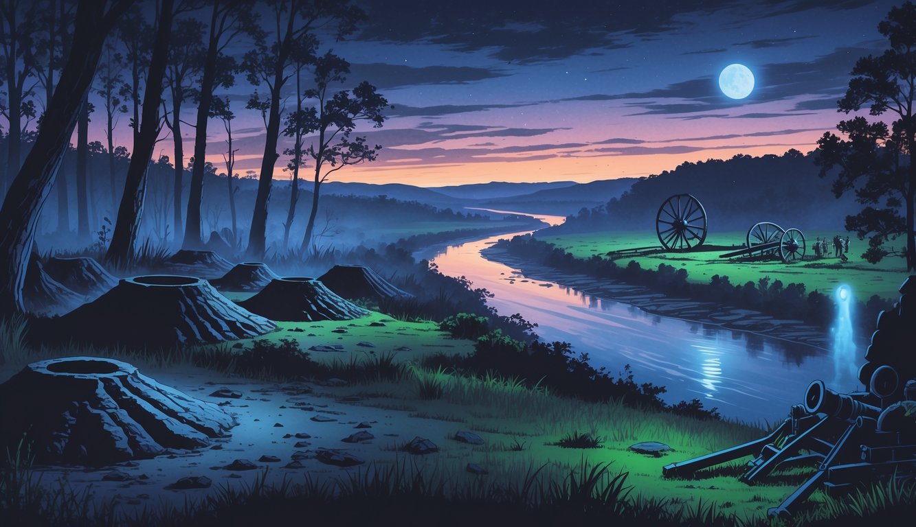 A collage showing Native American mounds, a shadowy creature near bayou trees, glowing lights over mountains, and a ghostly figure by a Civil War battlefield with cannons and ruins.