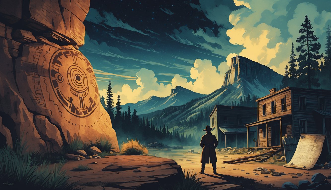 A scene showing Colorado's Rocky Mountains with ancient petroglyphs on a cliff, ruins of an old mining town, a person examining a map, and hidden cave entrances surrounded by pine trees.