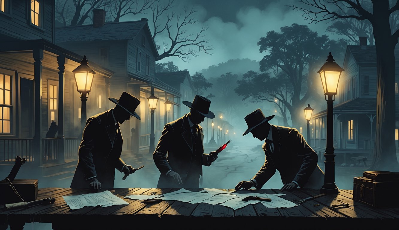 A foggy 19th-century Arkansas town street with investigators examining clues on a wooden table, surrounded by old buildings and dense forests.