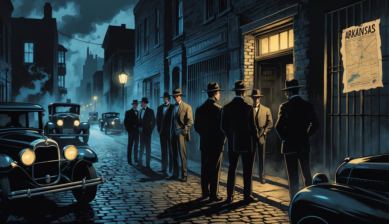 A nighttime street scene in historical Arkansas showing men in suits and hats gathered near old buildings, vintage cars parked nearby, and a police car with flashing lights, creating a tense atmosphere of mob activity and crime.