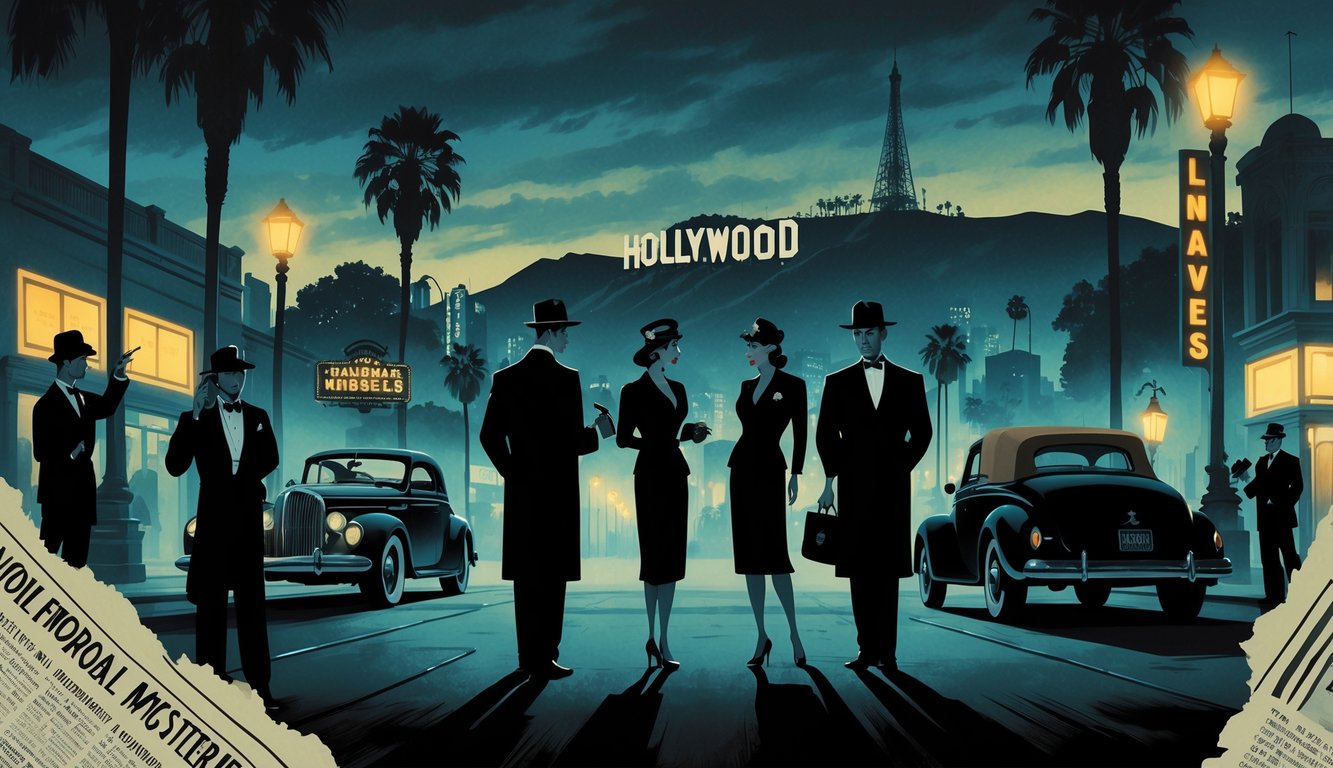 A twilight Los Angeles cityscape with the Hollywood Sign, featuring shadowy figures in vintage clothing engaged in secretive conversations surrounded by symbols of mystery like a film camera, classic car, and a locked briefcase.
