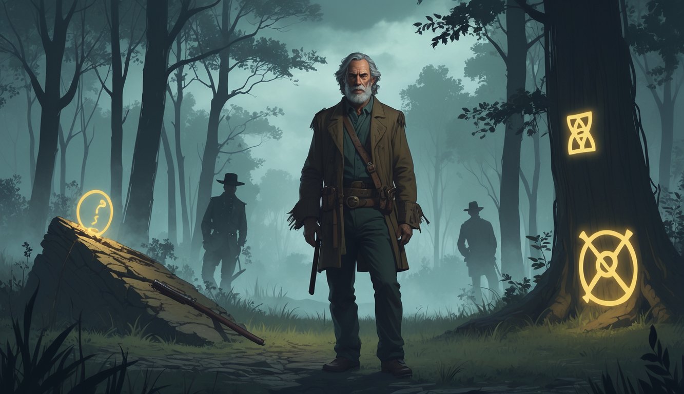 An older man stands in a foggy Arkansas forest surrounded by symbols and figures hinting at historical mysteries.
