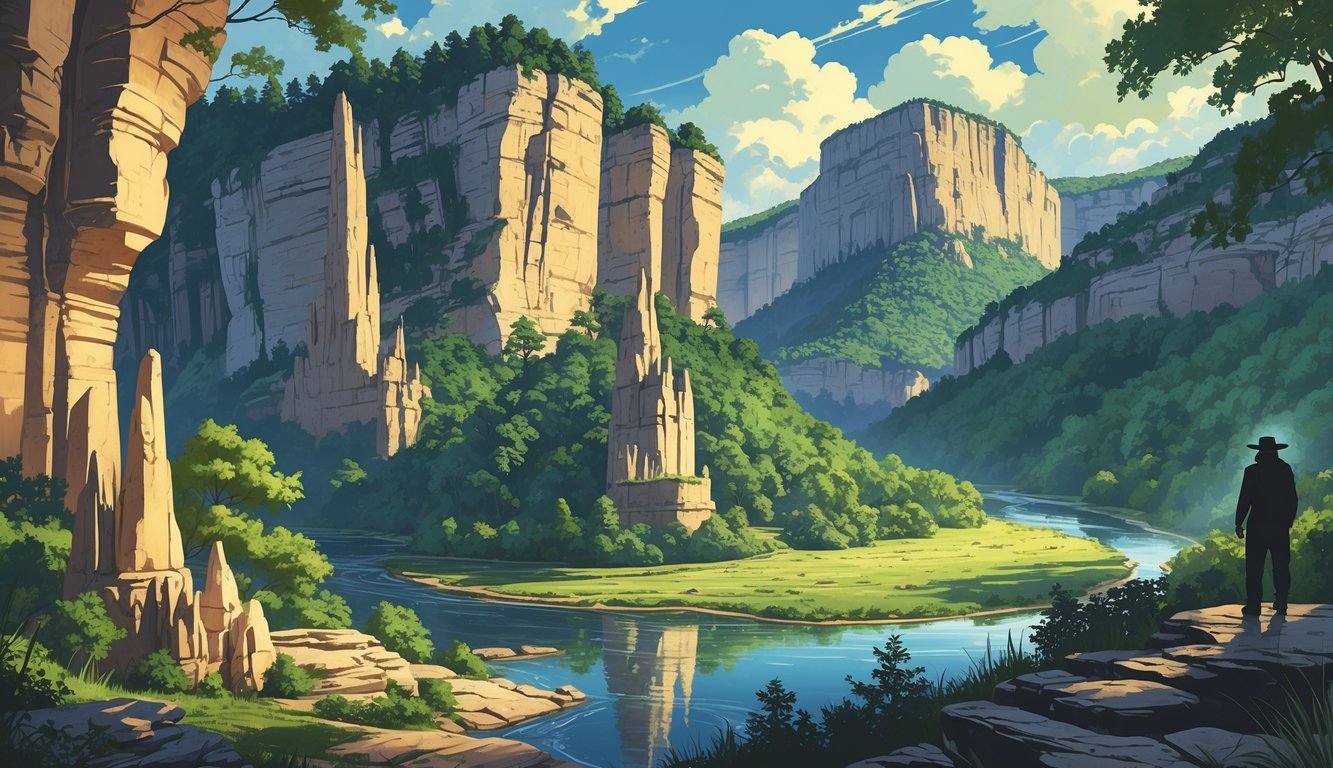 A natural landscape showing caves with stalactites, forested mountains, rivers, and sparkling gemstones in the soil, with faint ancient carvings on rocks.