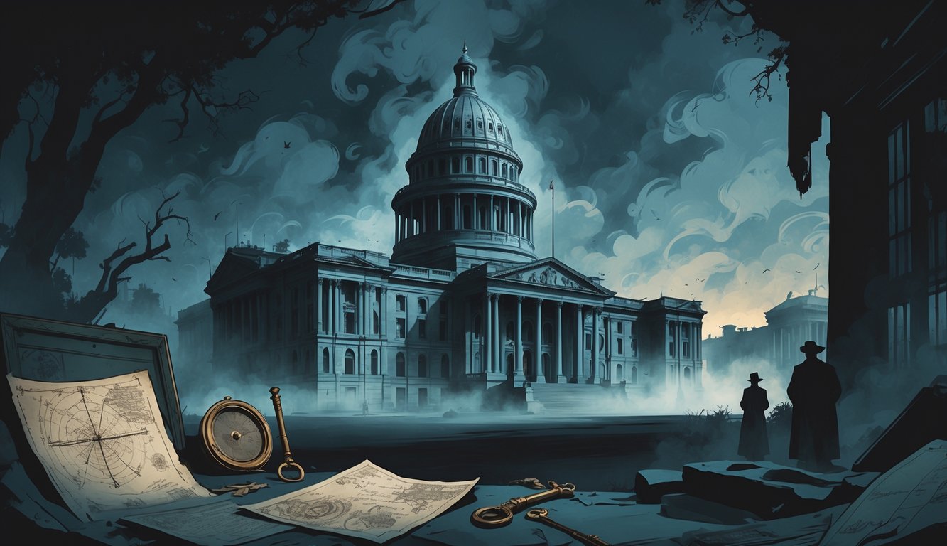 A historic Capitol building shrouded in shadows and mist, surrounded by old maps and keys, with faint ghostly figures in the background.