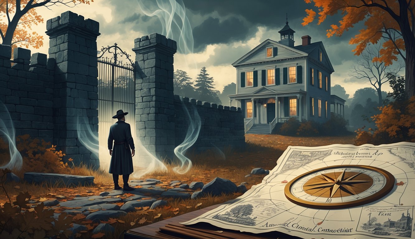 A scene showing a colonial figure near old stone walls, a glowing artifact in a forest, a large historic house with ghostly figures, and a map with mysterious markings, representing Connecticut's historical mysteries.