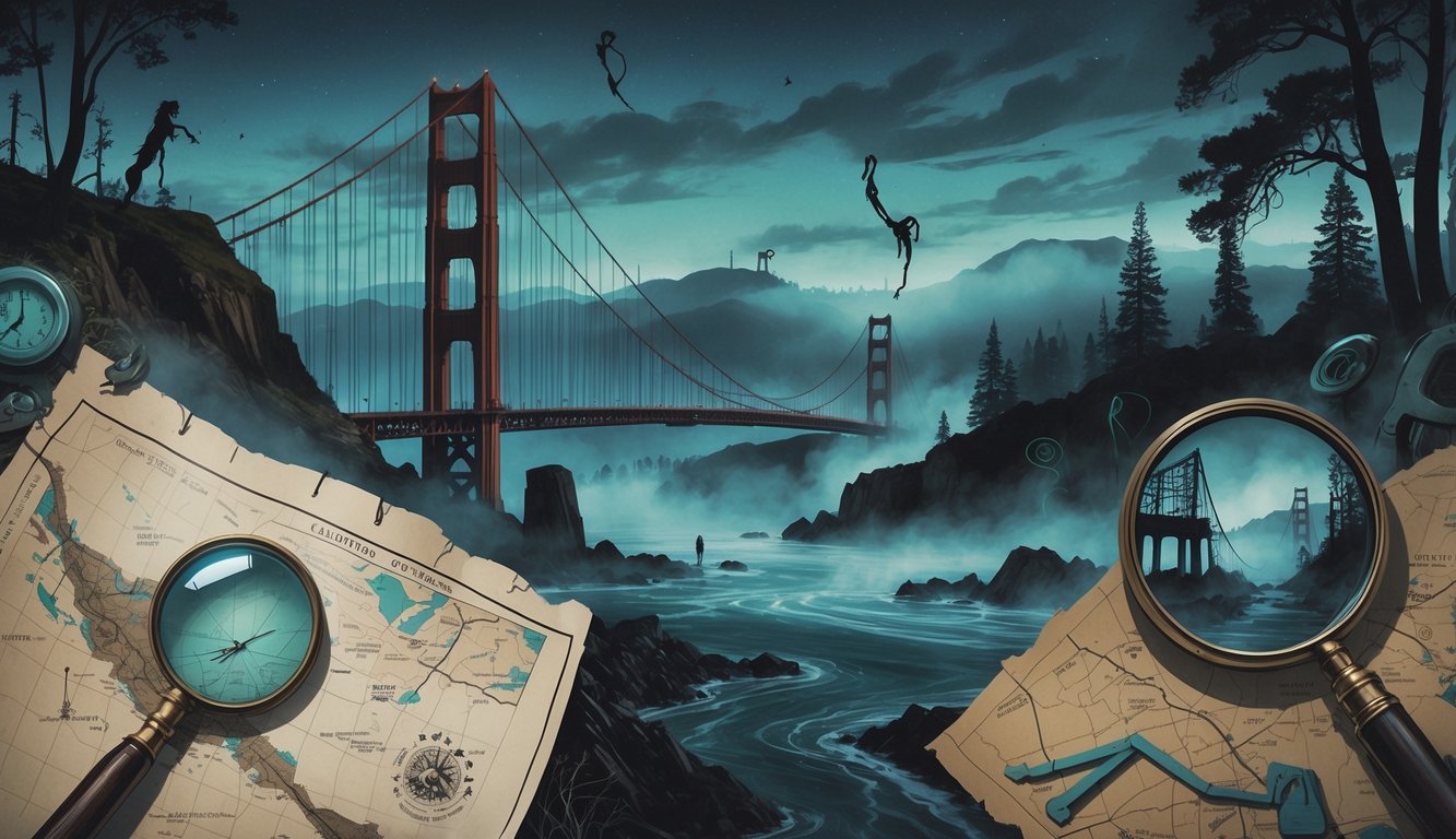A foggy Golden Gate Bridge at dusk surrounded by California landmarks including an abandoned mission, desert with symbols, and Redwood forest with hidden eyes, with a detective's magnifying glass and old map in the foreground.