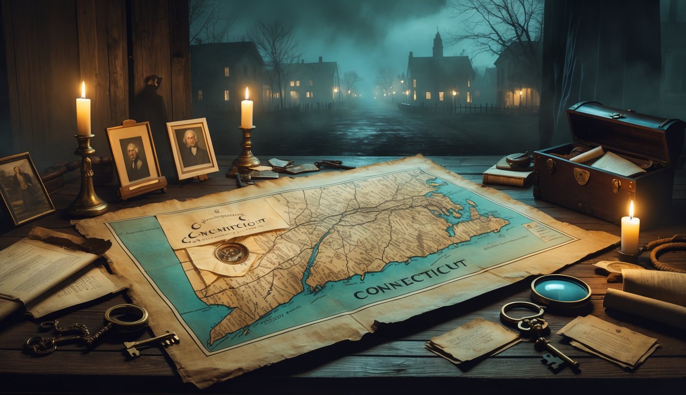 A dimly lit wooden table with an old map of Connecticut surrounded by historical artifacts like keys, letters, and photographs, with a foggy colonial town in the background suggesting mystery.