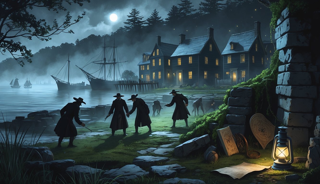 A coastal colonial village with old wooden houses, a harbor with sailing ships, shadowy figures near ancient stone ruins, and a dark forest with glowing orbs in the background.