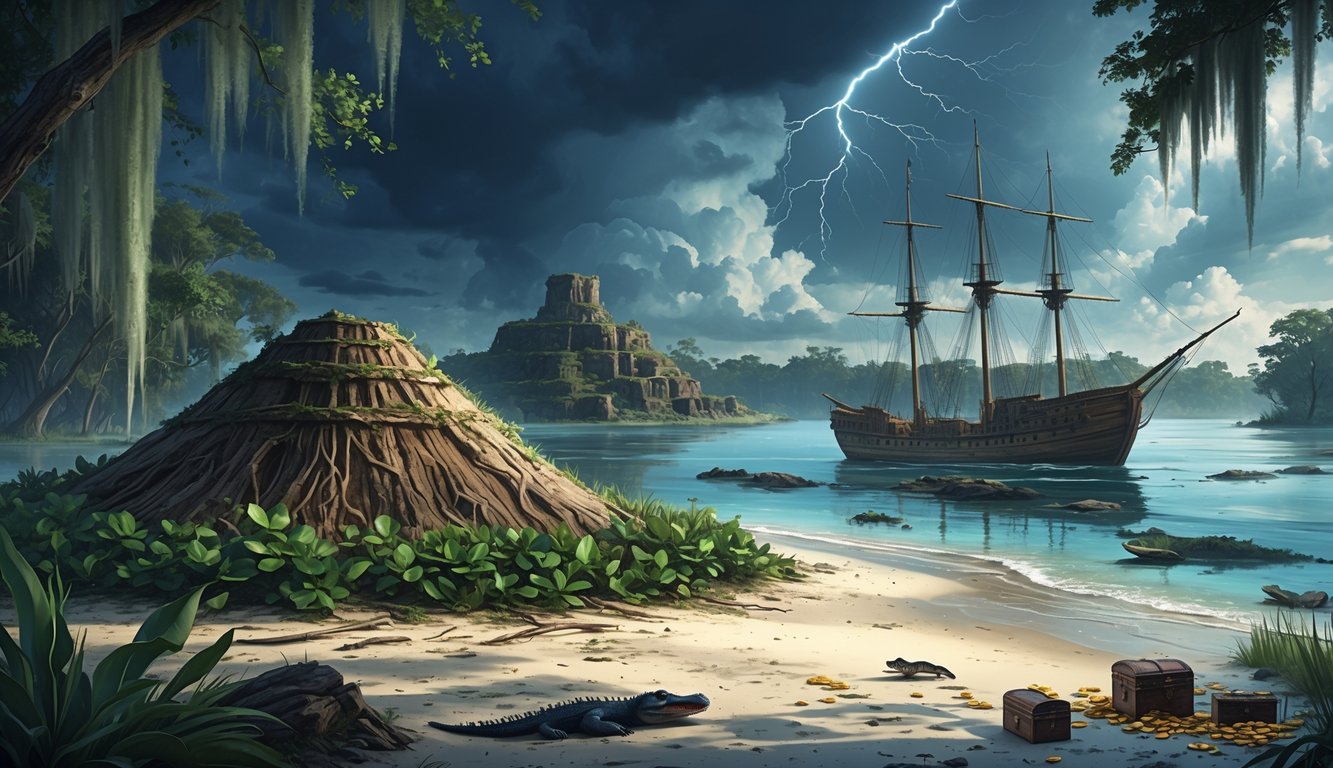 A scene showing a Florida swamp with a Native American burial mound, a submerged lost city underwater, and a pirate shipwreck on the shore surrounded by trees and wildlife.