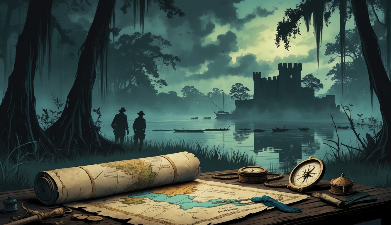 A foggy Florida swamp at twilight with ancient trees, shadowy figures, a treasure map on a wooden table, a historic fortress silhouette, and a sunken shipwreck visible underwater.