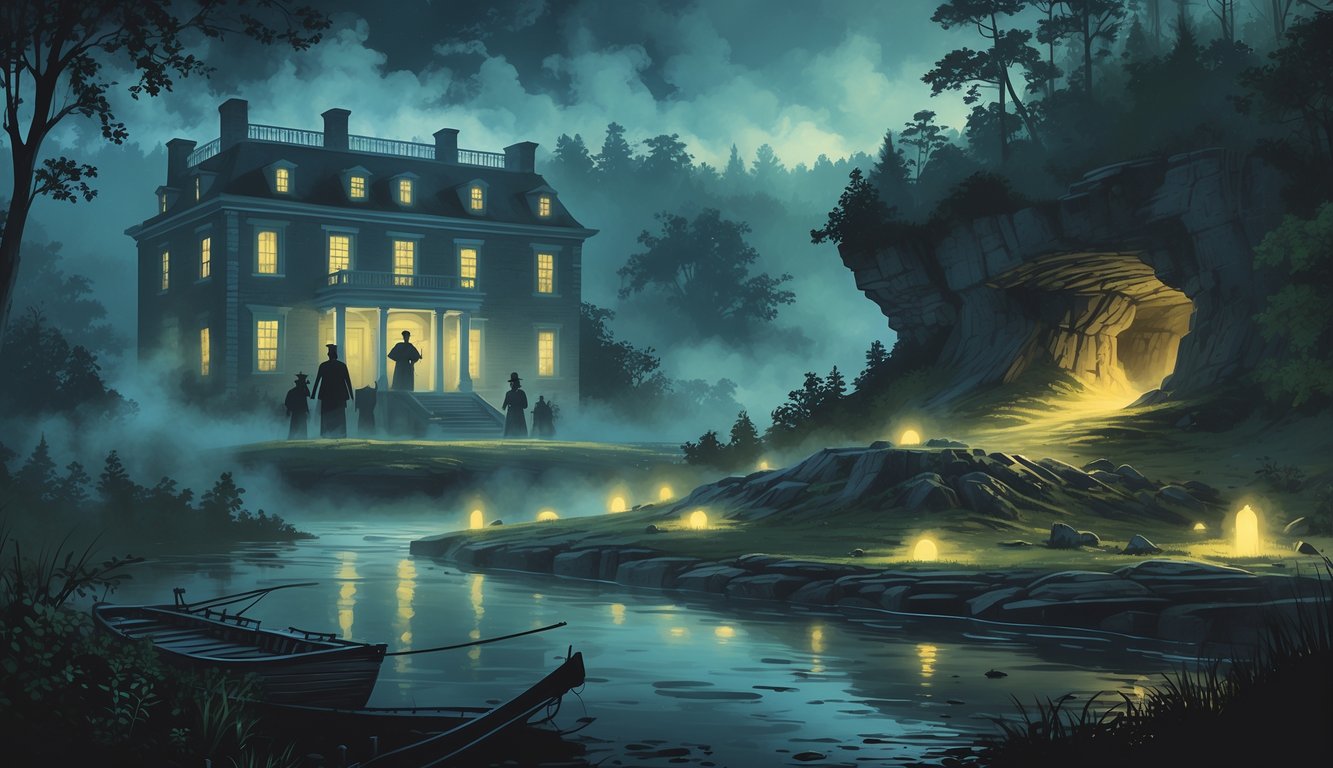 A foggy scene with a colonial mansion, a Native American burial mound, a hidden cave in a forest, and an old shipwreck by a river, suggesting historical mysteries in Delaware.