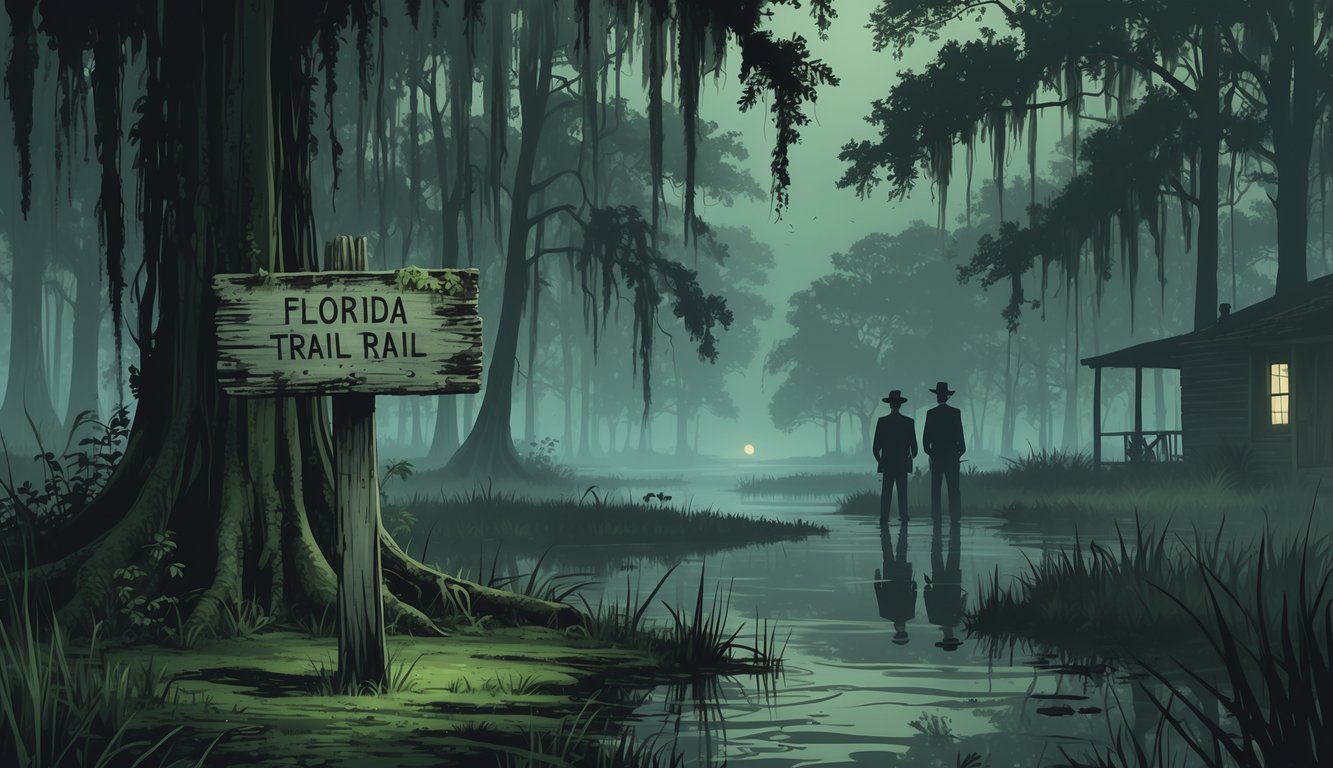 A foggy Florida swamp at dusk with cypress trees and moss, shadowy figures near a wooden trail sign, and old cabins in the background.