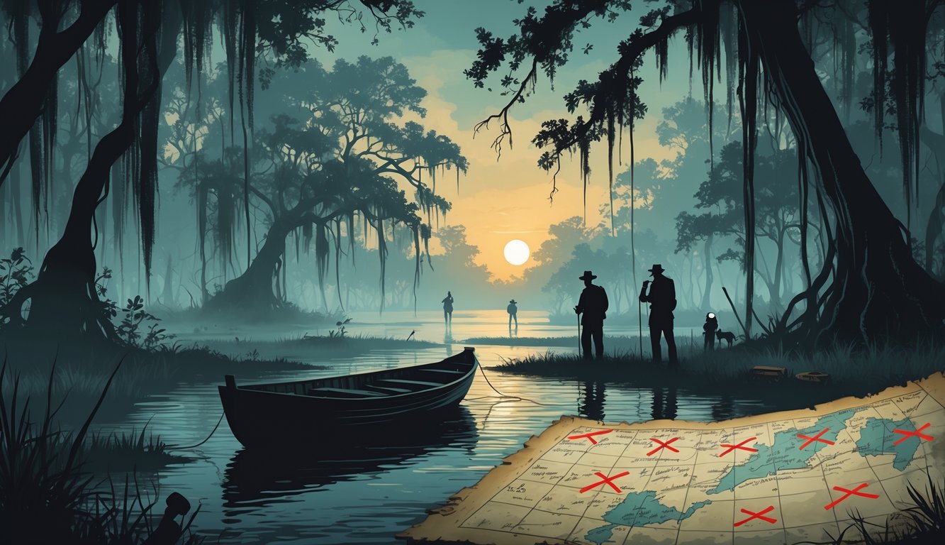 A misty Florida swamp with cypress trees and a wooden rowboat on dark water, a vintage map marked with red Xs, and shadowy figures searching through the wilderness at sunset.